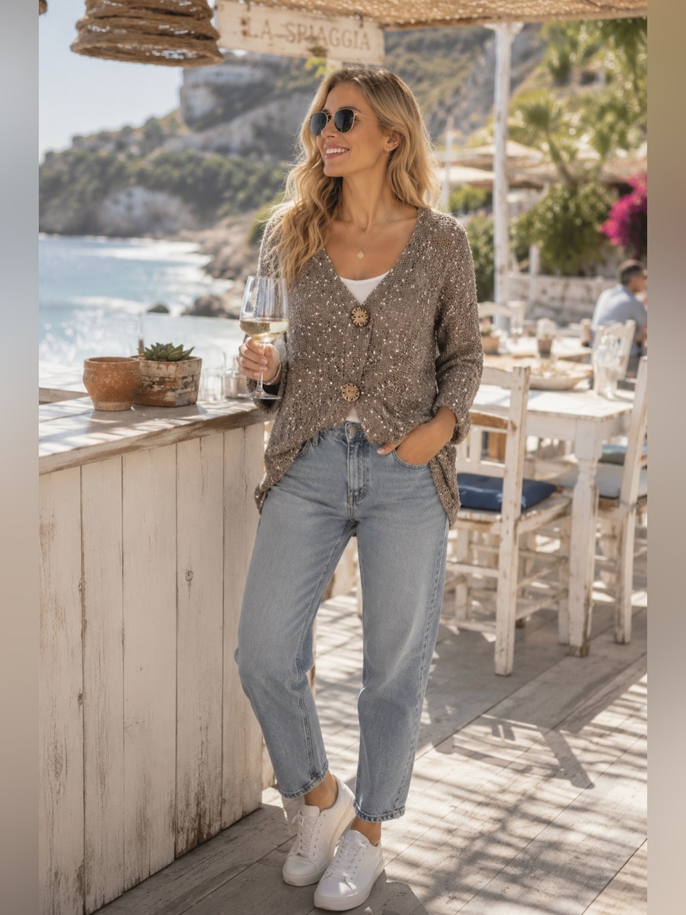 141. Nina Leonard Textured Open Knit Cardigan Taupe | Oversized Boho | M | 21/26